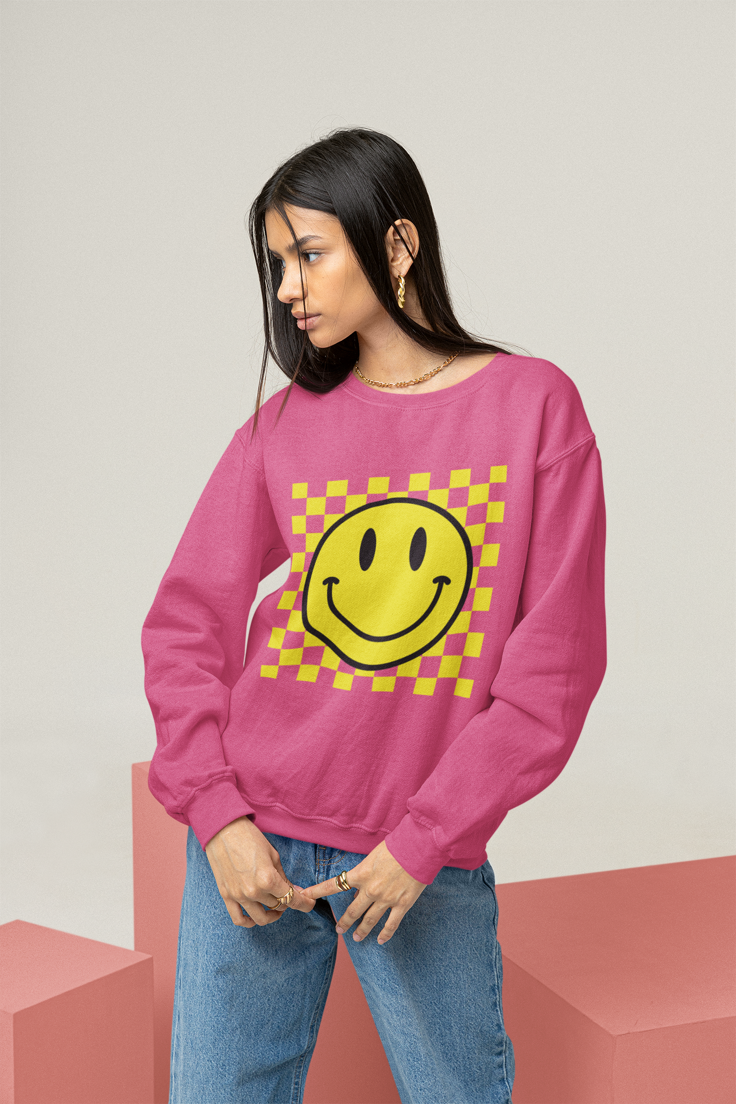 Smiley Face Checkered Sweatshirt